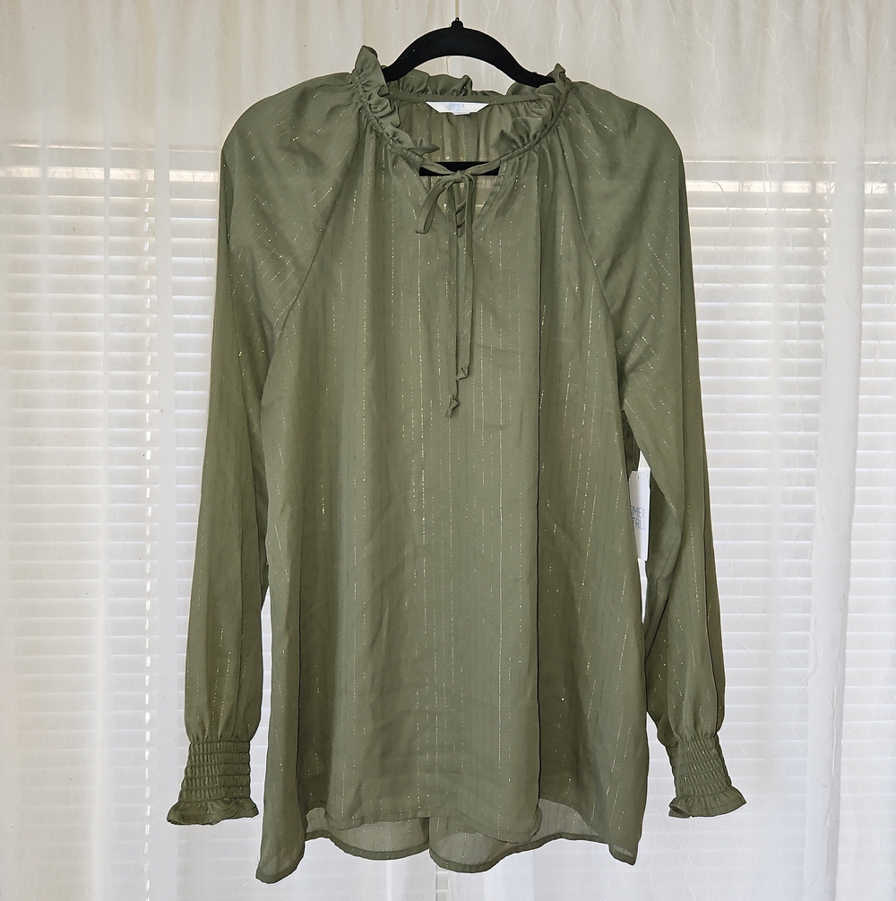 Time and Tru Olive Green Ruffle Tie-Neck Blouse